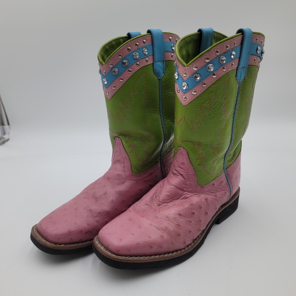 Smoky Mountain Boots Youth 4.5 D Pink Green Ostrich Print Western Boots 3281Y
